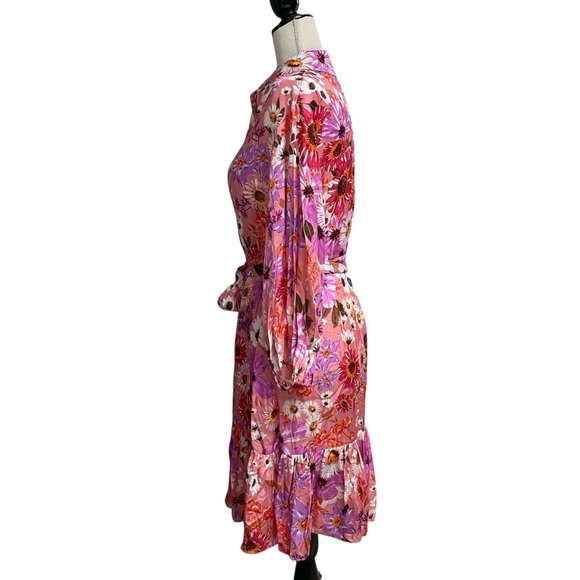 Rachel Parcell Pink Floral Shirt Dress Belted Tiered Ruffle Hem Long Sleeve 6 - Picture 11 of 16